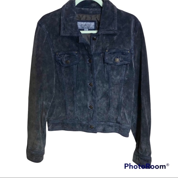 Wilson’s Leather Maxima Navy Blue Suede Leather Trucker Style Button Up Jacket L - Picture 1 of 5